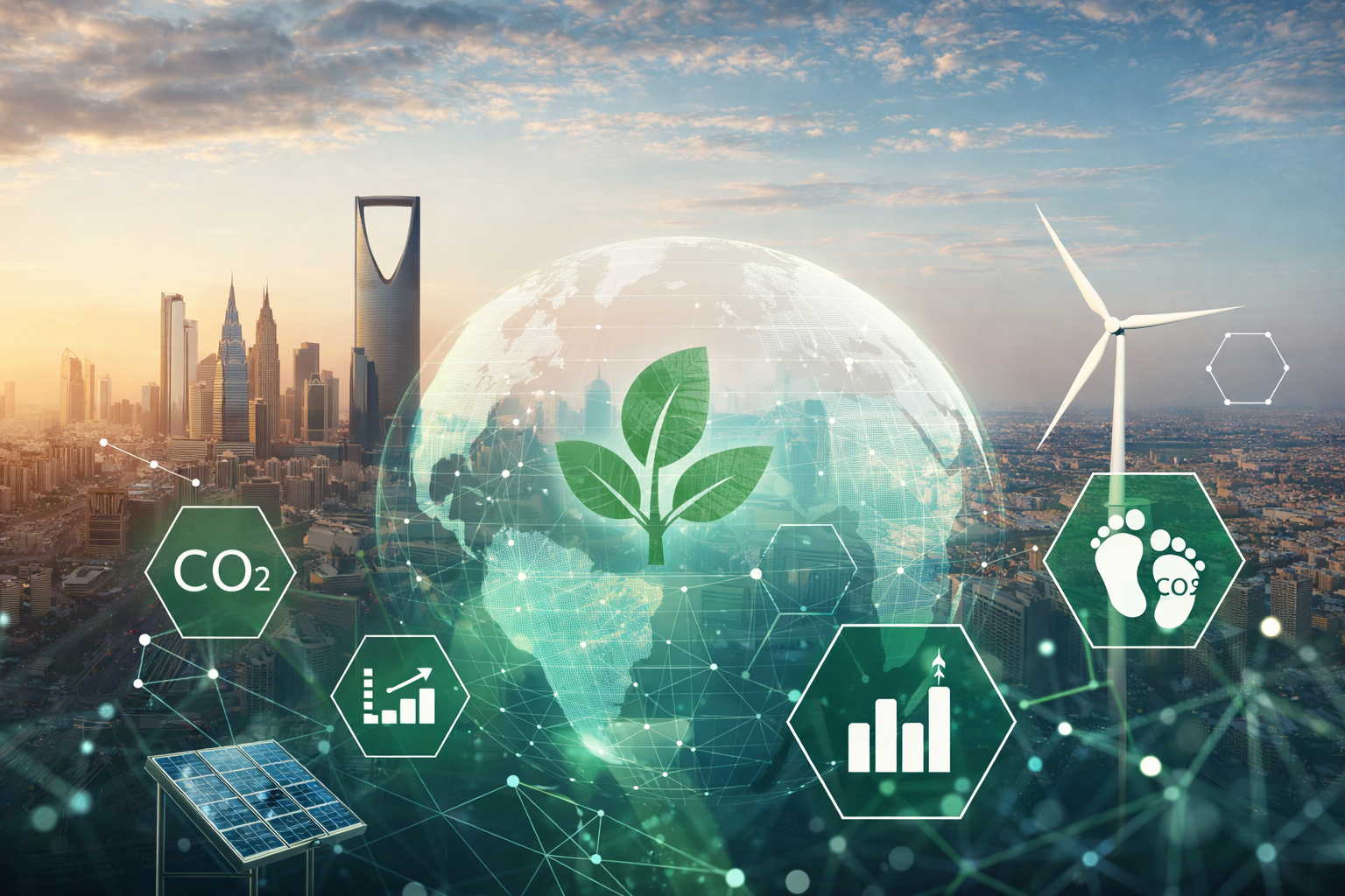 Saudi Arabia city skyline with digital sustainability, carbon emissions, and renewable energy symbols illustrating climate reporting and compliance.
